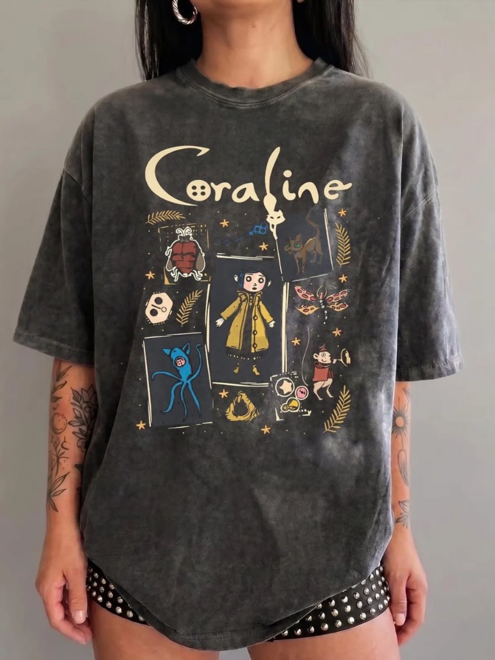 Comfort Colors Coraline Tee - Charcoale Pepper with Yellow & Blue Artwork